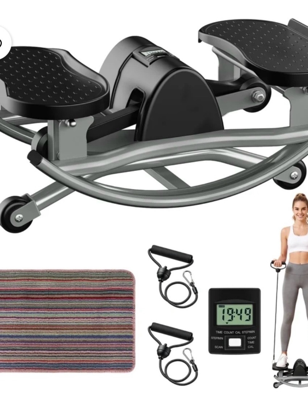 Compact Black Mini Twist Stepper with Resistance Bands and LCD Monitor